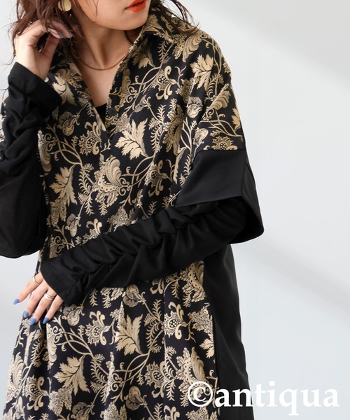 ジャガード切替 ロングワンピース レディース ワンピ ブラック 花柄 antiqua（アンティカ） ワンピース ジャガード切替ロングワンピース