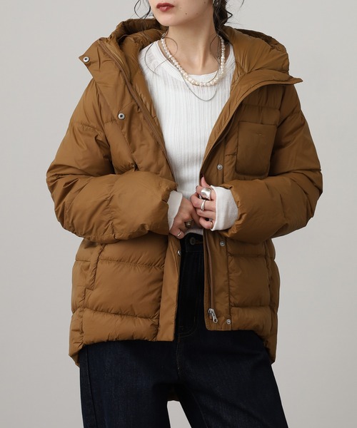 フード付きブラウンダウンジャケット OMNES（オムネス） ダウンコート ダウンジャケット フード付きコクーン