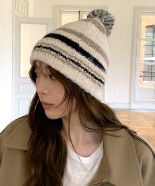 ニット帽 ニットキャップ ウールボールボーダーニット帽 レディース