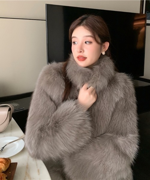 スタンドファーコート グレー コート アウター スタンドネックフェイクファージャケット/コート