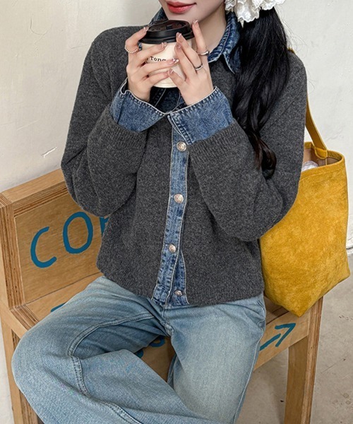 ニット セーター デニム襟異素材ミックスニットトップス レディース