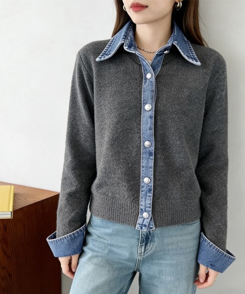 DIESEL♡デニム襟付きニット セーター トップス レディース ニット セーター デニム襟異素材ミックスニットトップス レディース