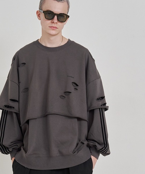 SeeSew LAYERD DAMAGE SWEAT ブラック L 未使用 SeeSew トレーナー スウェット 「UNISEX」LAYERD DAMAGE SWEAT