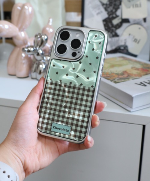 スマホケース 3Dミントグリーンスターギンガムチェック iPhone17