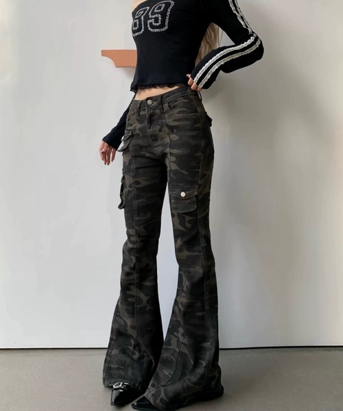 「Sibra」 ブーツカットパンツ S カーキ レディース_画像3