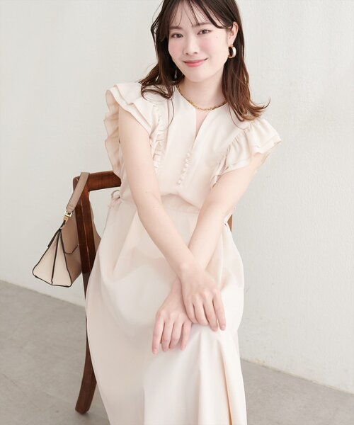 ベージュ ノースリーブ ワンピース フリル付き natural couture ワンピース フリルスリーブワンピース : ZOZOTOWN