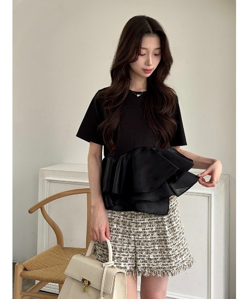 snidel 異素材ペプラムTシャツ （BLK） SNIDEL（スナイデル） tシャツ ドッキングペプラムカットプルオーバー