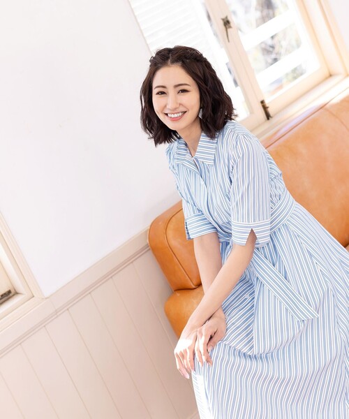 美品　TICCA ストライプ ロングワンピース 半袖　洗える Tiaclasse ワンピース 「洗える」1枚で着映えするストライプシャツ