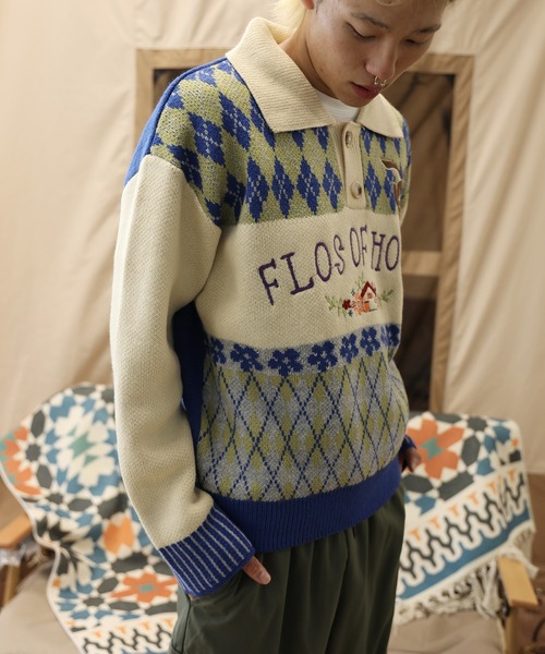 セーター ニット HOOK -original- 古着風 レトロ調 配色 アーガイル柄