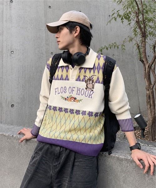 セーター ニット HOOK -original- 古着風 レトロ調 配色 アーガイル柄