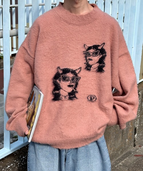Perushu セーター ニット モヘアライクジャガードニット メンズ