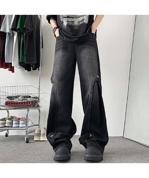 INPERFECT DENIM ブラックデニムパンツ ウエスト29 カットオフワイドブラックデニムパンツ | レディース