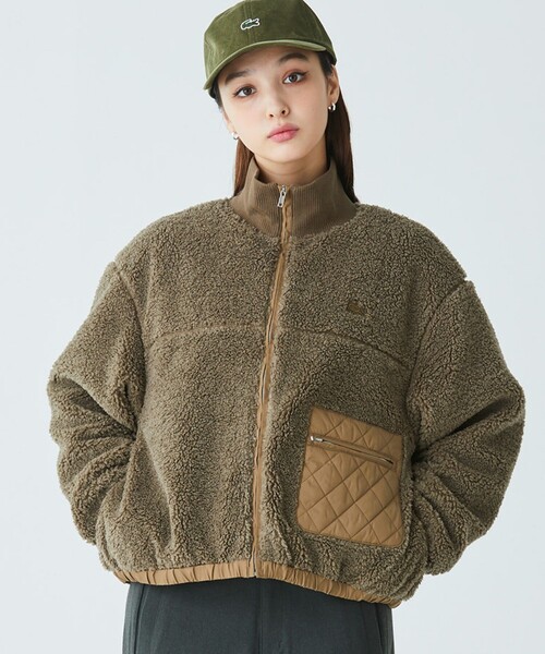 人気★LACOSTE リブニットスタンドカラーボアジャケット★お洒落 LACOSTE ブルゾン アウター リブニットスタンドカラーソフトボア