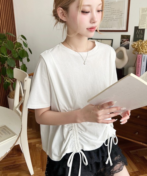 moment+ tシャツ タックショルダー半袖ドロストTシャツ
