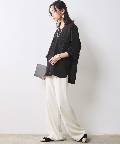 CHIC STYLE（シックスタイル） ブラウス シャツ リブ衿Vネックブラウス