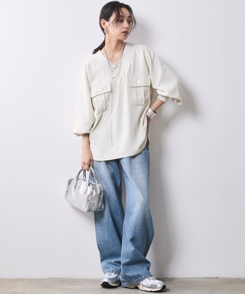 CHIC STYLE（シックスタイル） ブラウス シャツ リブ衿Vネックブラウス