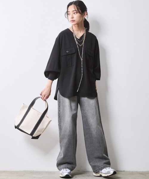 CHIC STYLE（シックスタイル） ブラウス シャツ リブ衿Vネックブラウス