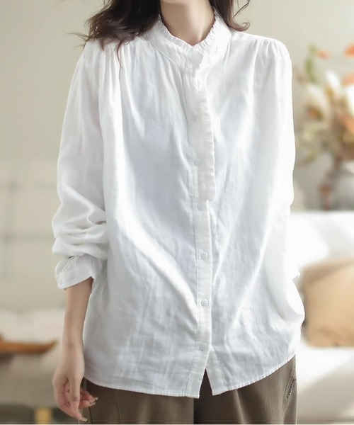 フリル付きホワイトシャツ BLANC FICELLE ブラウス シャツ 長袖 フリルシャツ レディース