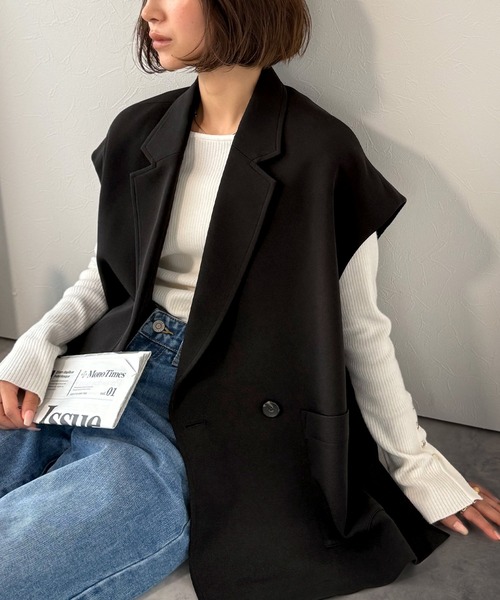 ella＿selectshop ジレ　プリーツ　ベスト　ブラック Ellno Loset（エルノロゼット） ベスト ジレ サイドプリーツロングジレ
