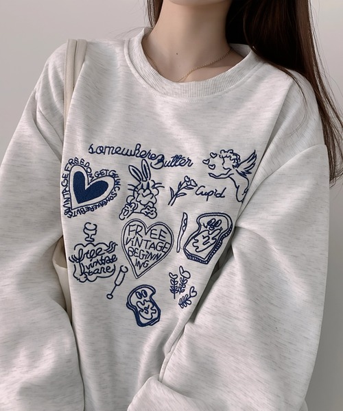 トレーナー スウェット 裏起毛イラスト刺繍オーバーサイズスウェット