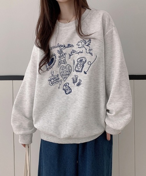 トレーナー スウェット 裏起毛イラスト刺繍オーバーサイズスウェット