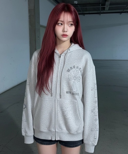 パーカー mahagrid 「mahagrid/マハグリッド」 Cross Studs Zip-Up Hoodie/クロススタッズジップアップパーカーの画像