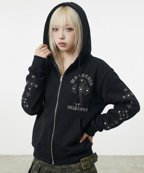 パーカー mahagrid 「mahagrid/マハグリッド」 Cross Studs Zip-Up Hoodie/クロススタッズジップアップパーカーの画像