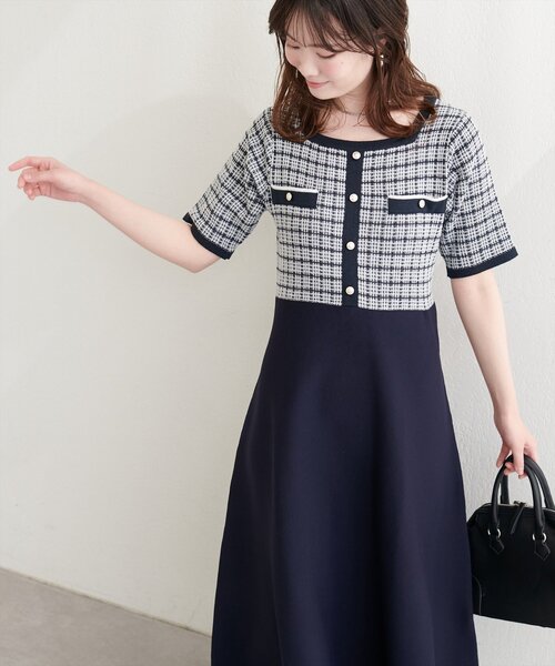 natural couture ワンピース ツイードサマーニットワンピース