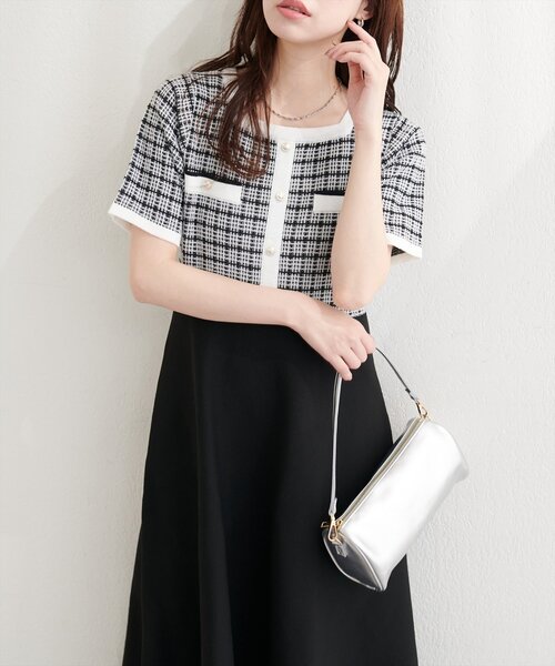 natural couture ワンピース 半袖 ツイードサマーニットワンピース