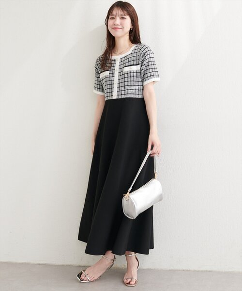 natural couture ワンピース 半袖 ツイードサマーニットワンピース