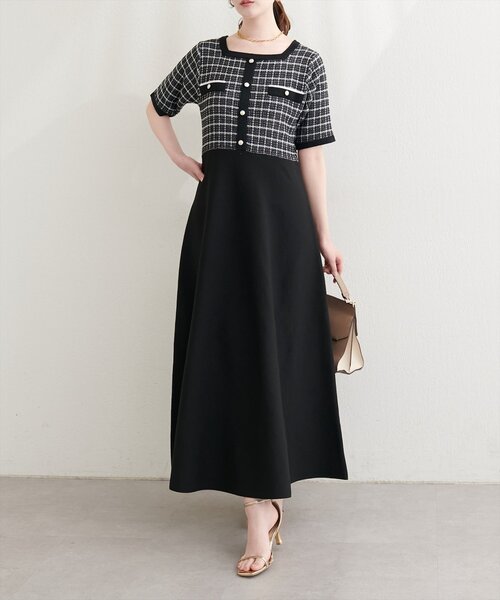 natural couture ワンピース 半袖 ツイードサマーニットワンピース