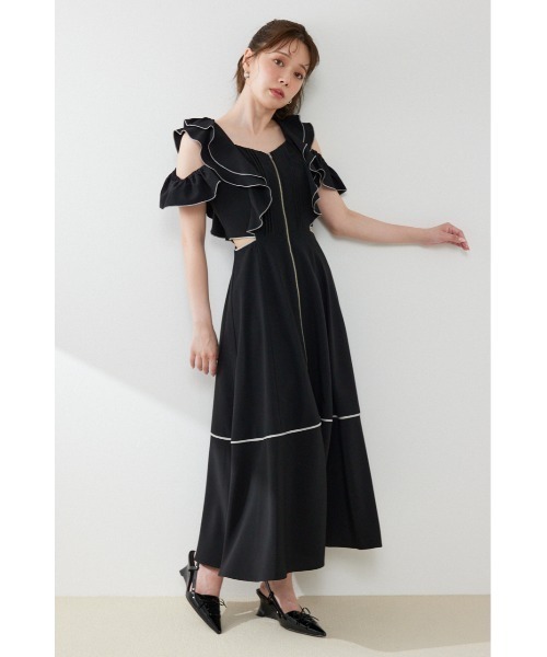 rienda フロントジップ 半袖シャツワンピース ブラック未使用品 rienda（リエンダ） ワンピース 半袖 フロントジップフリルワンピース