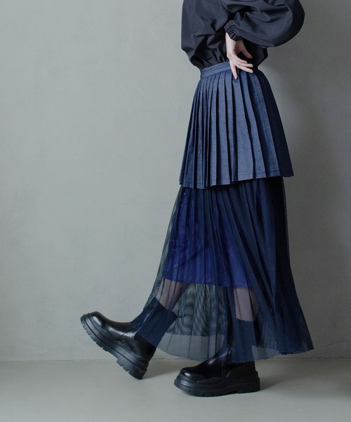 「MARECHAL TERRE」 プリーツスカート MEDIUM インディゴブルー レディース_画像3