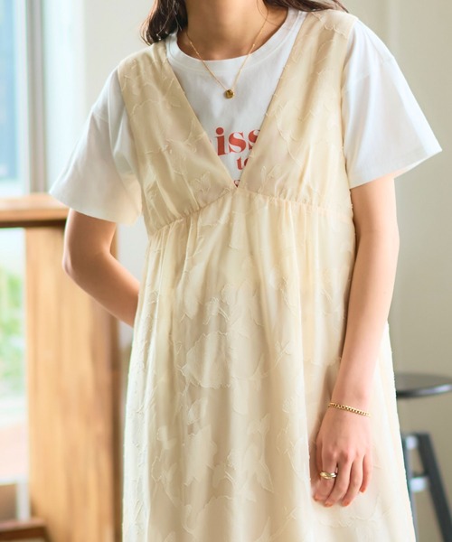 【ダブスタ】クリーム色 Vネック ワンピース CLEARANCE-SALE Vネック ホールガーメント ニット ワンピース