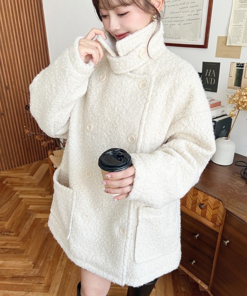 美品✨ ピューテリー　ダウン 切替　Pコート ツイード　ファー 2way moment+ ピーコート pコート リングフェイクウール2WAYアレンジ