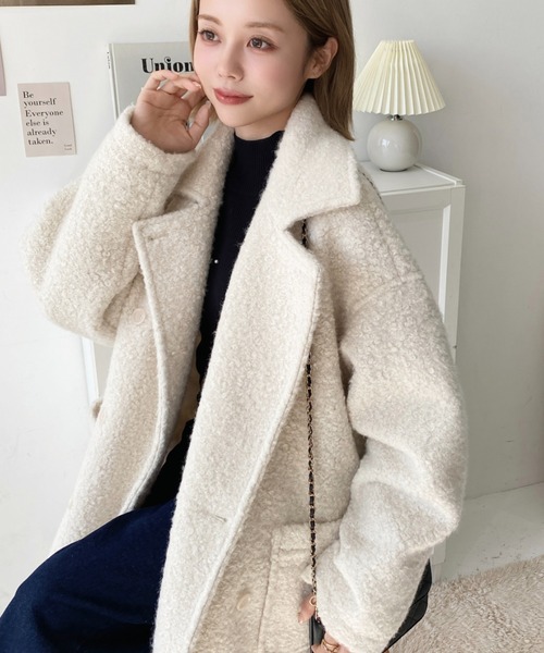 美品✨ ピューテリー　ダウン 切替　Pコート ツイード　ファー 2way moment+ ピーコート pコート リングフェイクウール2WAYアレンジ