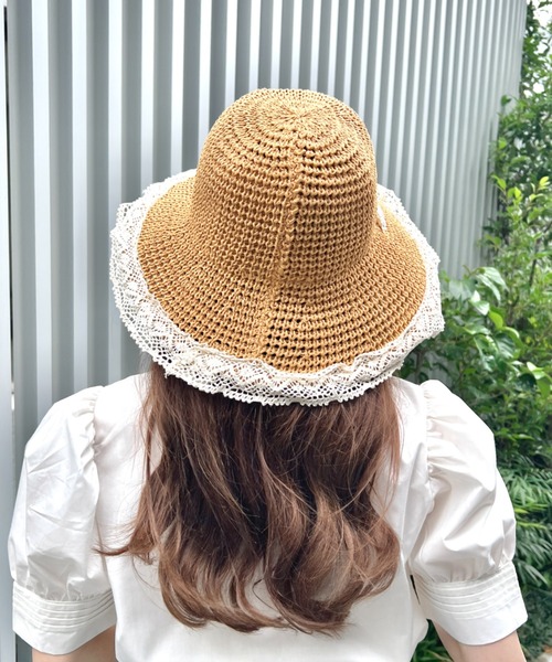 Loueme 帽子 ハット レースリボンストローハット レディース