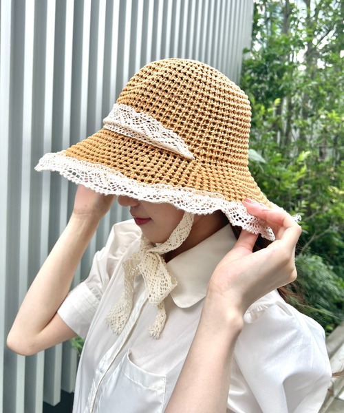 Loueme 帽子 ハット レースリボンストローハット レディース