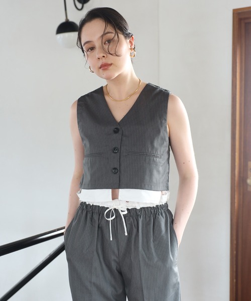 ピンストライプデザインポケットベスト ベスト レディース オシャレ アウター ENC ベスト ジレ design pocket stripe vest / ピンストライプ