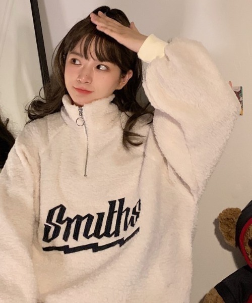 トレーナー スウェット 「再入荷」ふわもこ刺繍ロゴハーフジップボア