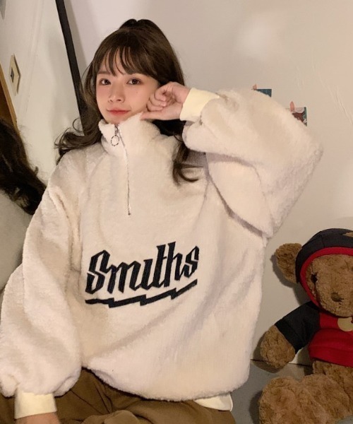 トレーナー スウェット 「再入荷」ふわもこ刺繍ロゴハーフジップボア