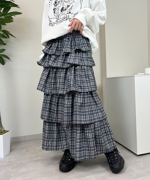 SIIILON チェック ティアード フリル ロング スカート モード ブラック チェック柄 ティアード フリル ロング スカート 韓国 ストリート