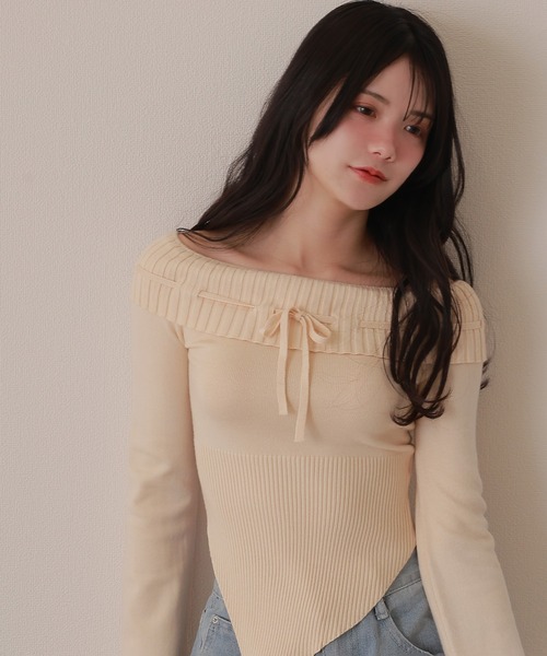 リズリサ　肩リボン　ベージュ オフショルダー ニットセーター レイヤード風肩あきニット ｜ LIZ LISA（リズリサ）公式通販