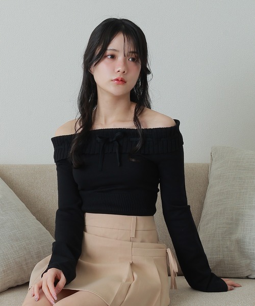 M DOLLY ニット セーター offshoulder ribbon knit tops/オフ