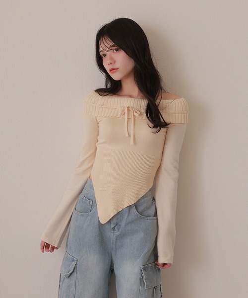 M DOLLY ニット セーター offshoulder ribbon knit tops/オフ