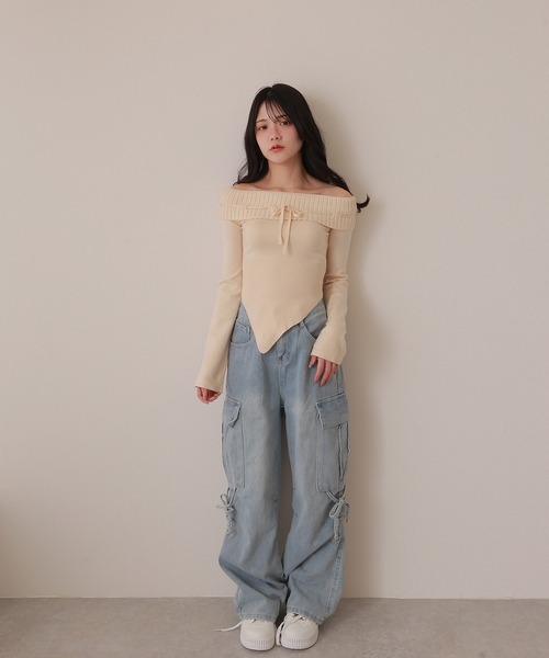 M DOLLY ニット セーター offshoulder ribbon knit tops/オフ