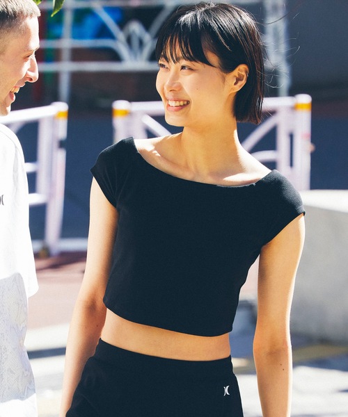 tシャツ 「Hurley/ハーレー」レディース丈短Tシャツ　オフショルダートップす　ヨガ　フィットネス　RIB OFF SHOULDER TEE レデ