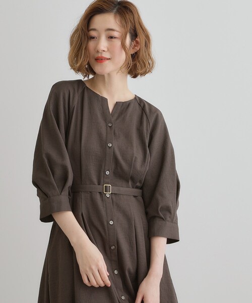 grove ワンピース 麻調メッシュラグランスリーブワンピース