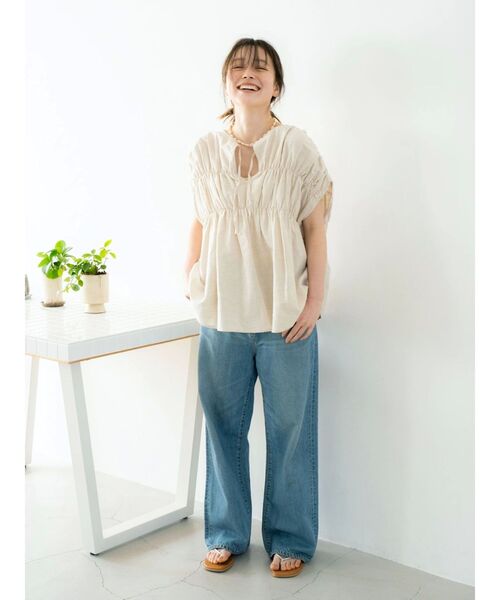 ungrid◡̈⃝ノーカラーノースリSH セール】リネン混ギャザーノースリブラウス（シャツ/ブラウス