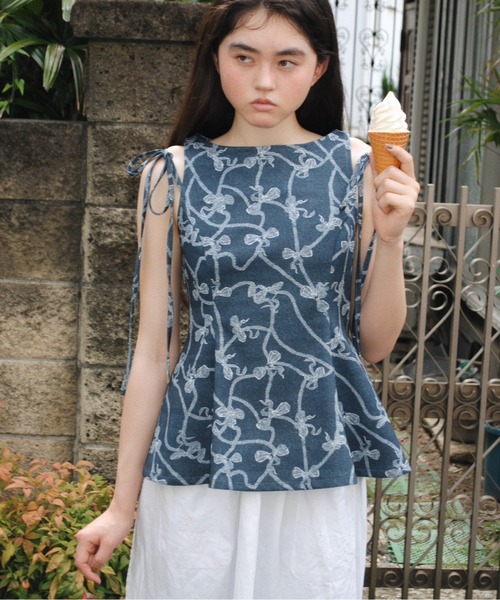 8【未使用】sai リボン　フレア　ブラウス　made in japan 日本製 musubore ブラウス シャツ side ribbon flare blouse / サイド